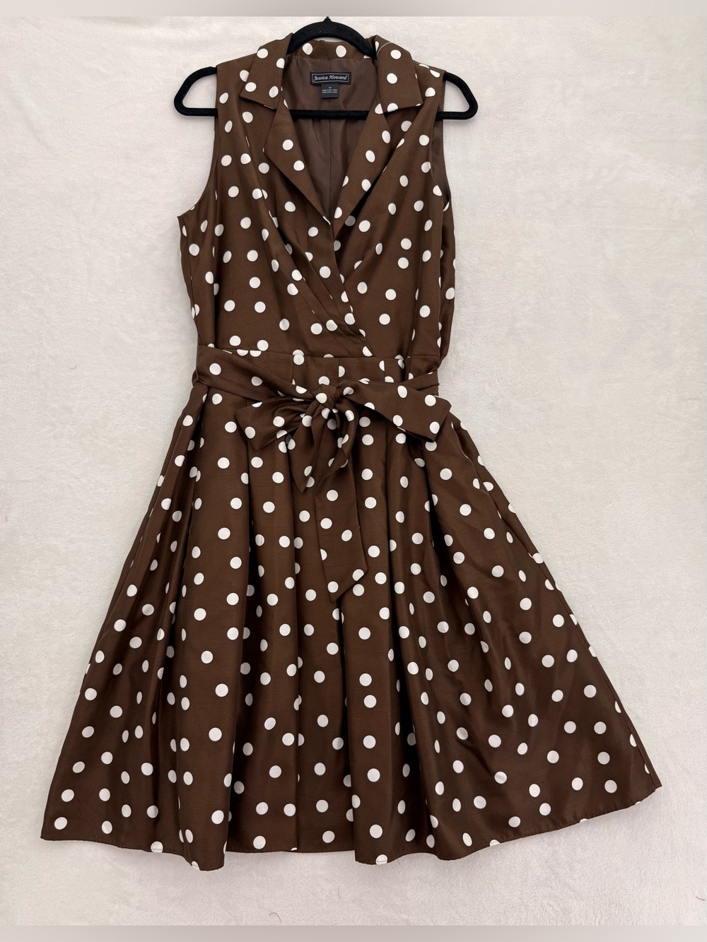 Jessica Howard retro brown white polka dot 50s  sleeveless midi dress Size 14